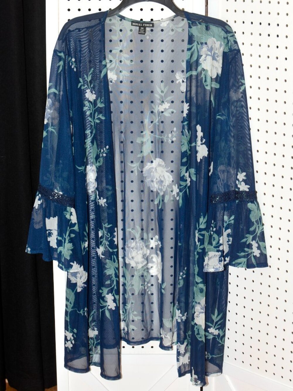 Plus Size 3X Moral Fiber Boho Navy Floral Bell Sleeve Lace Mesh Kimono Cardigan
